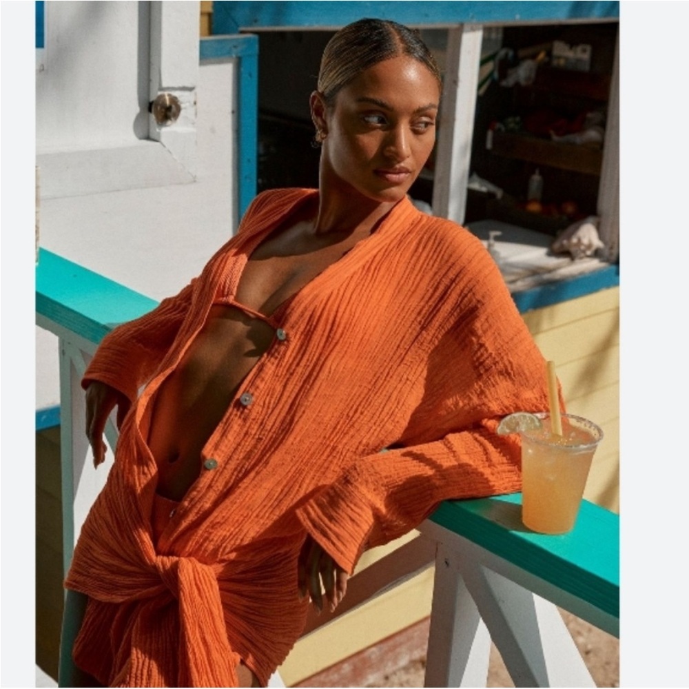 MONDAY Swimwear Barcelona Monaco linen shirt cover up swim beach wear tangerine